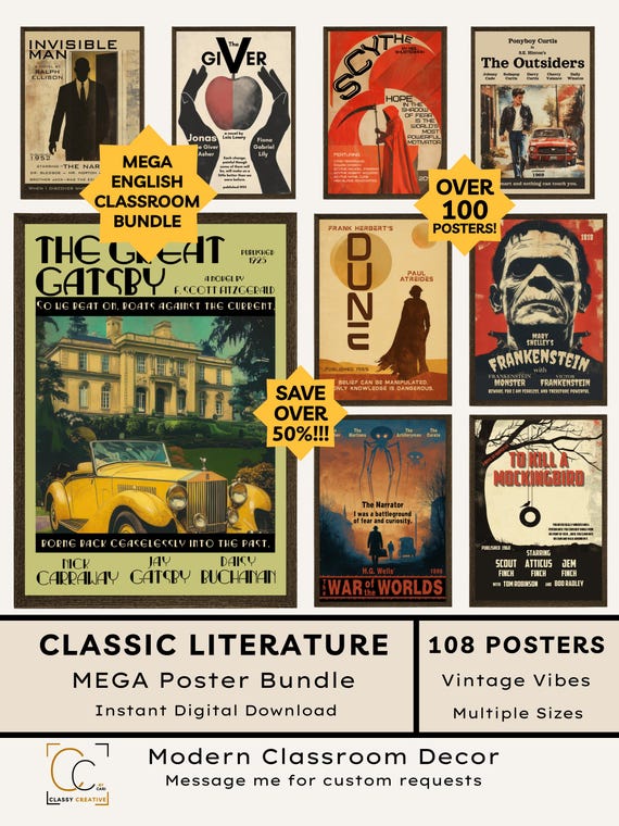 Classic Novels Poster Bundle: Vintage Literature Movie Posters High School English Classroom Popular Book Covers Middle School Novels