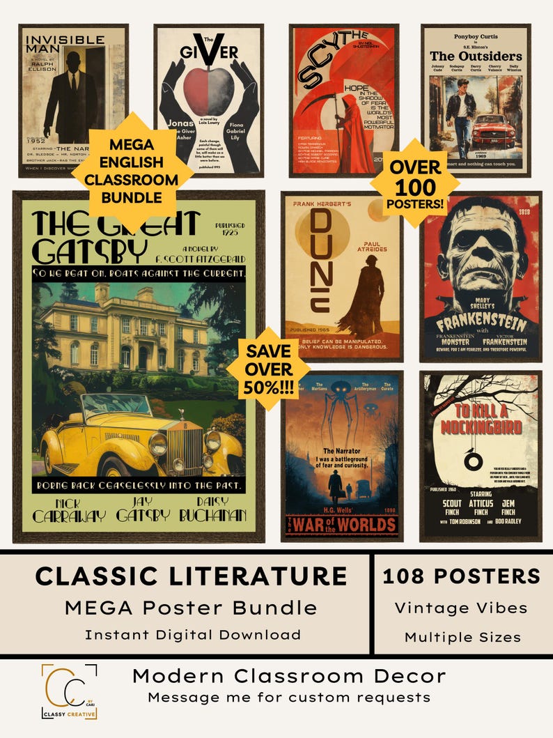 May include: A collection of digital posters featuring classic literature themes including The Great Gatsby, Dune, Frankenstein, and War of the Worlds. The display shows various book covers with vintage-style illustrations, typography, and literary quotes.