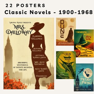 May include: A collection of 22 posters featuring classic novels from 1900-1968. The display includes individual posters for Mrs. Dalloway, Dune, The Wonderful Wizard of Oz, The Old Man and the Sea, and Peter Pan, each with unique typography and illustrations.