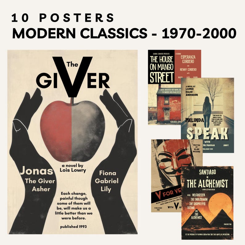 May include: A collection of 10 posters titled Modern Classics 1970-2000. The main poster features a split-colored red and gray apple held by black silhouettes of hands, with text including The Giver, Jonas, and a quote by Lois Lowry.