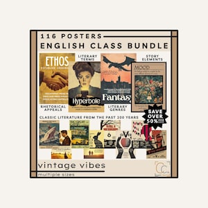 Vintage English Classroom Poster Bundle High School English Decor Literary Terms Writing Story Elements Literary Devices Popular Book Covers