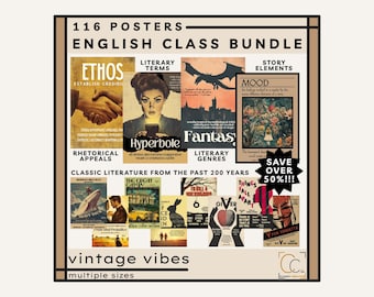 Paquete de carteles vintage para el aula de inglés: términos literarios, dispositivos, géneros, elementos narrativos, carteles de literatura clásica y recursos retóricos.