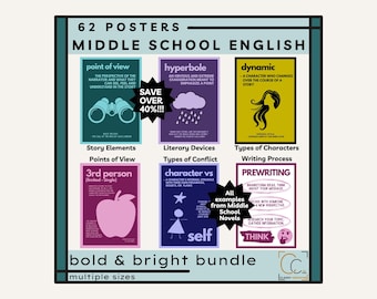 Mittelschule Englisch Klassenzimmer Poster Bündel: Literarische Geräte Story-Elemente Arten von Charakteren & Konfliktplakate Schreibprozess