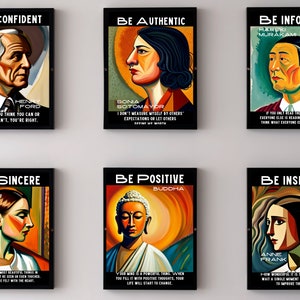 May include: Six framed art prints with inspirational quotes and portraits of famous figures. Each print features a black frame and bold text like "Be Confident" and "Be Authentic". The portraits include Henry Ford, Sona Sotomayor, and Buddha.