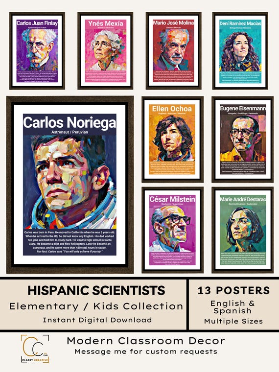 Hispanic Heritage Month Posters for Elementary Students: Famous Latino Scientists In Spanish Kids Science Classroom Decor Women in STEM