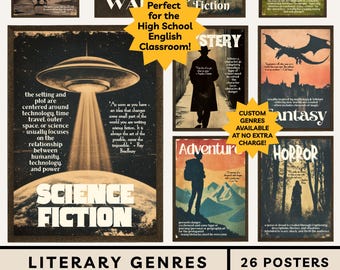 May include: A collection of vintage-style literary genre posters, including Dystopian, War, Historical Fiction, Romance, Mystery, Fantasy, Horror, Adventure, and Science Fiction. The posters are designed for a high school English classroom and are available as an instant digital download.