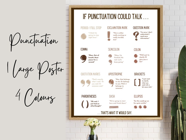 May include: A framed poster with the text "If Punctuation Could Talk..." and examples of punctuation marks like commas, periods, and question marks. The poster is in a wooden frame and features a neutral color palette.