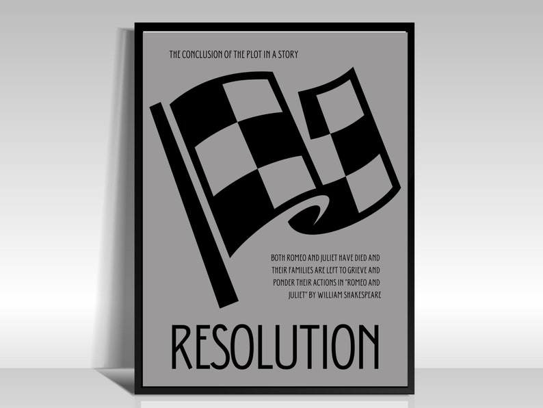 May include: A black and white checkered flag with the text "THE CONCLUSION OF THE PLOT IN A STORY" at the top and "RESOLUTION" at the bottom. The text below the flag reads "BOTH ROMEO AND JULIET HAVE DIED AND THEIR FAMILIES ARE LEFT TO GRIEVE AND PONDER THEIR ACTIONS IN "ROMEO AND JULIET" BY WILLIAM SHAKESPEARE."