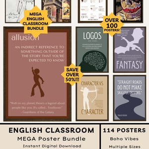 Posterbundel Engels klaslokaal: literaire termen Apparaten Genres Verhaalelementen Conflict Interpunctieposters Karakter Archetypen Middelbare school