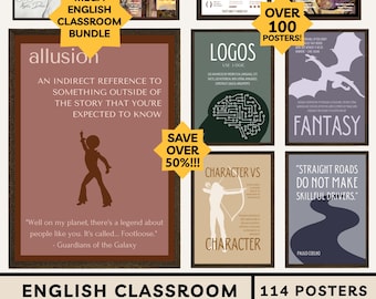 Paquete de pósteres para el aula de inglés: Términos literarios, recursos literarios, géneros, elementos de la historia, conflicto, puntuación, pósteres, arquetipos de personajes, escuela secundaria.