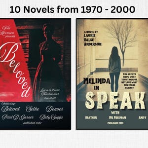 Op de afbeelding: Twee rechthoekige posters met de titel 10 Novels from 1970 - 2000. De linker poster toont het boek Beloved van Toni Morrison met een rood en zwart ontwerp. De rechter poster toont het boek Speak van Laurie Halse Anderson in beige en grijs.