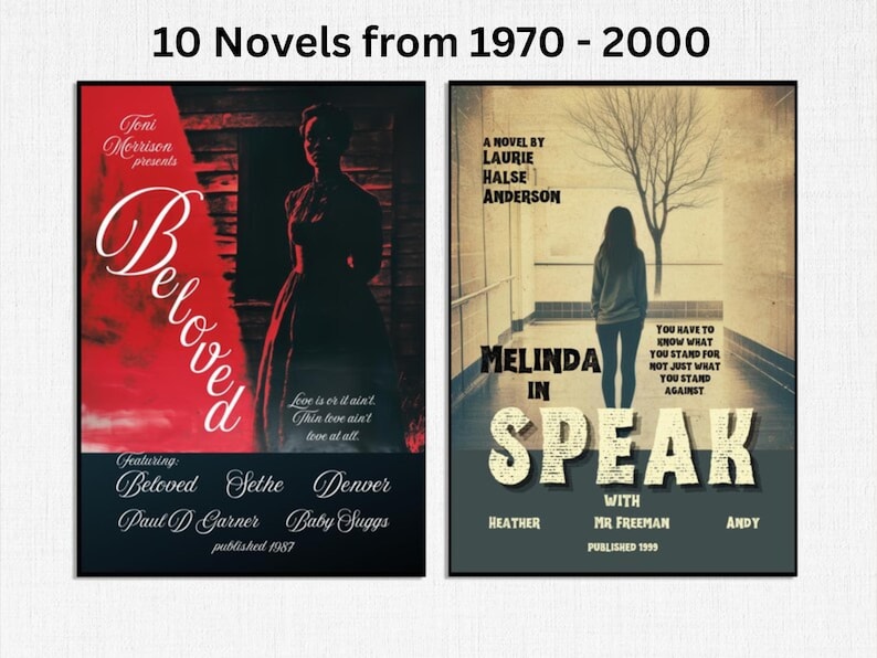 Op de afbeelding: Twee rechthoekige posters met de titel 10 Novels from 1970 - 2000. De linker poster toont het boek Beloved van Toni Morrison met een rood en zwart ontwerp. De rechter poster toont het boek Speak van Laurie Halse Anderson in beige en grijs.