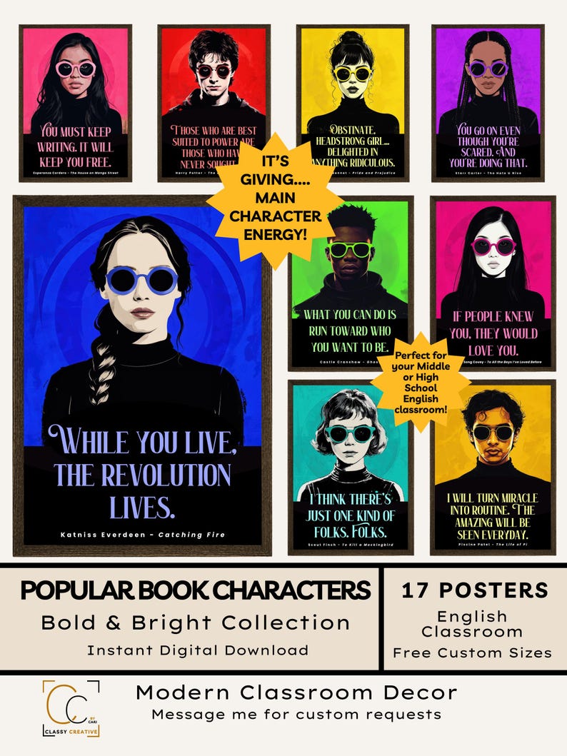Puede incluir: Una colecci&oacute;n de 17 carteles con personajes de libros populares, con dise&ntilde;os audaces y brillantes. Cada cartel presenta un retrato y una cita. Dise&ntilde;ado para un aula de ingl&eacute;s, con tama&ntilde;os personalizados gratuitos.