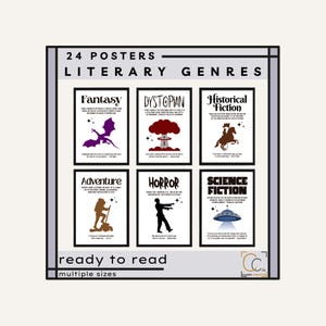 Pacchetto di poster di generi letterari, stampe letterarie, generi di romanzi, decorazioni per l&#39;aula di inglese, poster per biblioteche, decorazioni per biblioteche di inglese per scuole medie