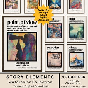 May include: A collection of 15 English classroom posters featuring watercolor illustrations of story elements. The posters include terms like plot, theme, and point of view. The collection is designed for high school classrooms.