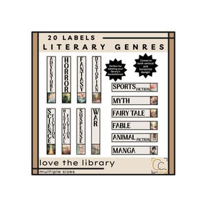 May include: A rectangular sign with the text "20 LABELS LITERARY GENRES" in black. Below are labels for various genres like Adventure, Horror, Fantasy, and Science Fiction. The sign also includes the text "love the library" and "multiple sizes".
