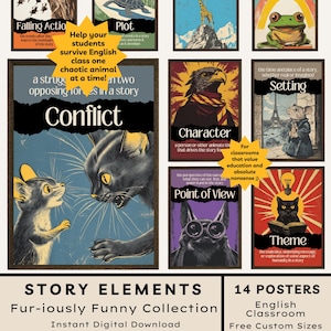 May include: A collection of 14 English classroom posters featuring story elements. Each poster has a unique design with illustrations and text, including "Falling Action," "Plot," "Conflict," and "Theme." The posters are designed with a vintage aesthetic.