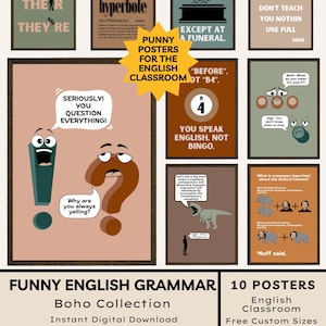 Puede incluir: Una colección de diez carteles de gramática inglesa con un toque de humor, estilo bohemio. Los carteles presentan ilustraciones y texto, perfectos para la decoración del aula. Incluye frases como "There, Their, They're" e "Hyperbole".