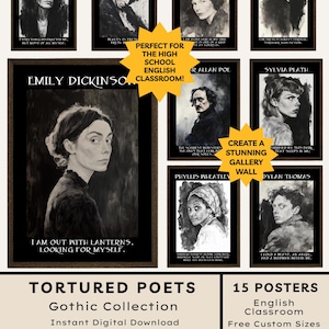 May include: A collection of 15 framed black and white portraits of poets, including Patti Smith, Emily Dickinson, and Edgar Allan Poe. The posters are part of the "Tortured Poets" Gothic Collection, ideal for an English classroom.