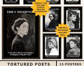 May include: A collection of 15 framed black and white portraits of poets, including Patti Smith, Emily Dickinson, and Edgar Allan Poe. The posters are part of the "Tortured Poets" Gothic Collection, ideal for an English classroom.
