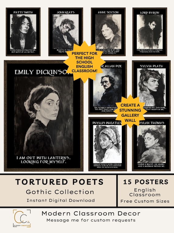 Tortured Poets Poster Set: High School English Classroom Decor Famous Authors Dark Academia Class Gothic Poetry Unit