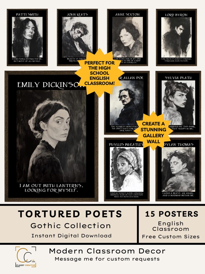 May include: A collection of 15 framed black and white portraits of poets, including Patti Smith, Emily Dickinson, and Edgar Allan Poe. The posters are part of the "Tortured Poets" Gothic Collection, ideal for an English classroom.