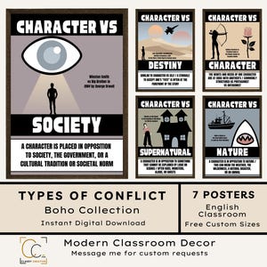 Puede incluir: Un conjunto de siete carteles para el aula de inglés con el tema "Tipos de conflicto" de la colección Boho. Cada cartel presenta un tipo de conflicto diferente, como "Personaje contra sociedad". Descarga digital instantánea.