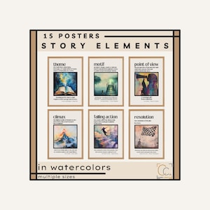 Può includere: Un set di 15 poster ad acquerello con elementi della storia, tra cui tema, motivo e punto di vista. I poster sono disponibili in più dimensioni e includono il testo "Story Elements" e "in watercolors".