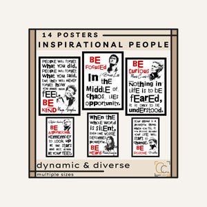 May include: A collection of 14 inspirational posters featuring quotes and images of notable figures. The posters have a neutral color palette with black text and images. The text includes phrases like "Be Kind" and "Be Focused."