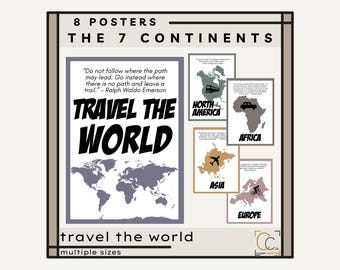 7 Continents Posters: Social Studies Classroom Decor World Travel Poster Geography Class Bulletin Board Boho Home School World Map