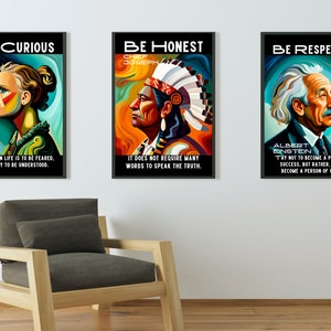 May include: Three framed art prints with inspirational quotes. The prints feature portraits of Marie Curie, Chief Joseph, and Albert Einstein, each with a motivational message. The color palette includes blues, oranges, and greens.