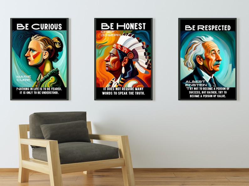 May include: Three framed art prints with inspirational quotes. The prints feature portraits of Marie Curie, Chief Joseph, and Albert Einstein, each with a motivational message. The color palette includes blues, oranges, and greens.
