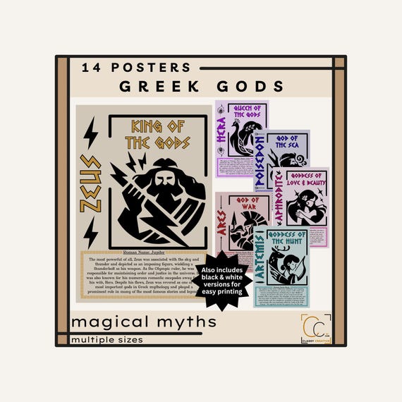 Greek Gods Mythology Posters: Social Studies Classroom Decor Famous Olympians Poster Bundle History of Myths Goddesses Zeus Hades Apollo