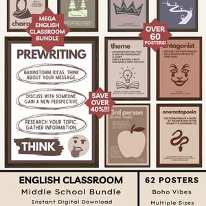 Op de afbeelding: Een verzameling van meer dan 60 Engelse klasposters met een boho-thema. De posters behandelen onderwerpen als karakter vs. karakter, beeldspraak, liefdesbelang, plot, thema, antagonist en prewriting. Digitale download.