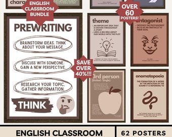 Middle School English Classroom Poster Bundle: Boho Literary Devices Story Elements Types of Characters Conflict Posters Writing Process