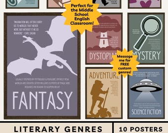 May include: A set of ten posters displaying literary genres such as Non-Fiction, Realistic Fiction, Horror, Romance, Fantasy, Dystopia, Mystery, Adventure, and Science Fiction. The posters are designed for an English classroom and feature illustrations and text.