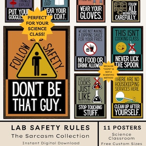 Grappige posters met veiligheidsregels in het wetenschapslab: laboratoriumrichtlijnen voor het wetenschapsklaslokaal van de middelbare school