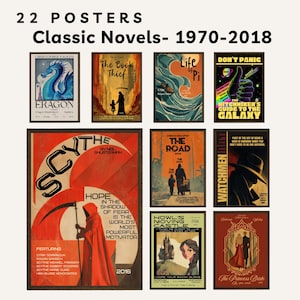 May include: A collection of 22 posters featuring classic novels from 1970 to 2018. The display includes various rectangular prints with distinct graphic designs, titles, and illustrations representing books like Eragon, The Book Thief, Life of Pi, The Hitchhiker's Guide to the Galaxy, Scythe, The Road, Watchmen, Howl's Moving Castle, and The Princess Bride.