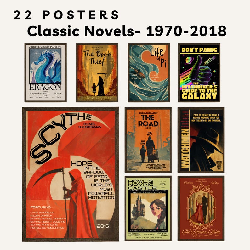 May include: A collection of 22 posters featuring classic novels from 1970 to 2018. The display includes various rectangular prints with distinct graphic designs, titles, and illustrations representing books like Eragon, The Book Thief, Life of Pi, The Hitchhiker's Guide to the Galaxy, Scythe, The Road, Watchmen, Howl's Moving Castle, and The Princess Bride.