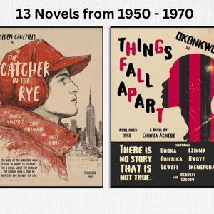 Op de afbeelding: Twee rechthoekige posters met de titel 13 Novels from 1950 - 1970. De linker poster toont The Catcher in the Rye met een figuur in een rode pet en New York. De rechter poster toont Things Fall Apart met een zwart en rood silhouetprofiel.