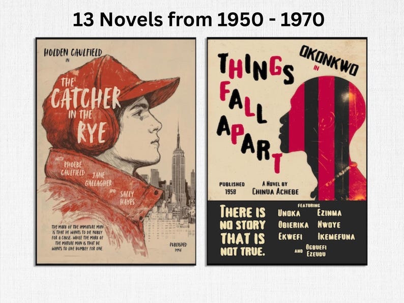 Op de afbeelding: Twee rechthoekige posters met de titel 13 Novels from 1950 - 1970. De linker poster toont The Catcher in the Rye met een figuur in een rode pet en New York. De rechter poster toont Things Fall Apart met een zwart en rood silhouetprofiel.