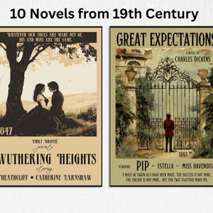 Op de afbeelding: Twee rechthoekige posters met de titel 10 Novels from 19th Century. De linker poster toont Wuthering Heights van Emily Bronte met een koppel onder een boom. De rechter poster toont Great Expectations van Charles Dickens met een persoon voor een hek.