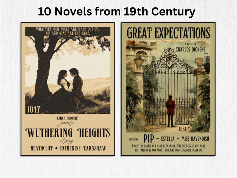 Op de afbeelding: Twee rechthoekige posters met de titel 10 Novels from 19th Century. De linker poster toont Wuthering Heights van Emily Bronte met een koppel onder een boom. De rechter poster toont Great Expectations van Charles Dickens met een persoon voor een hek.
