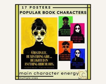 Pôsteres com citações de personagens da literatura clássica: Decoração para sala de aula de inglês do ensino médio, romances juvenis do ensino fundamental, capas de livros populares, protagonistas.