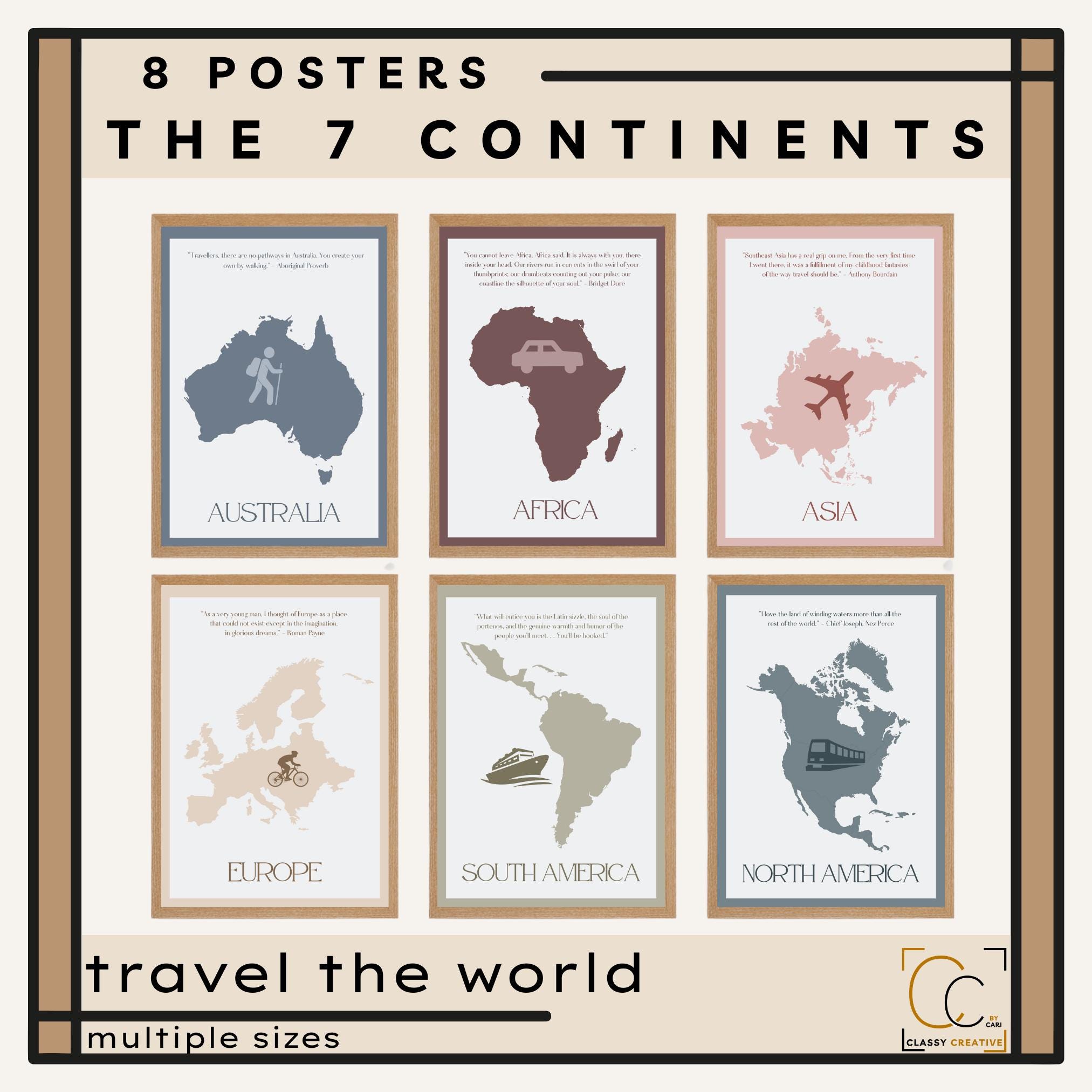 7 Continents Posters Geography Classroom Decor Middle School Social Studies Boho Travel Prints World Travel Poster Boho Classroom Decor