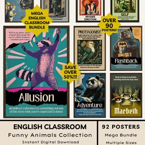 Könnte beinhalten: Eine Sammlung von 92 englischen Klassenzimmer-Postern mit lustigen Tierillustrationen. Die Poster behandeln literarische Begriffe wie "Konflikt", "Antagonist" und "Allusion". Das Bundle enthält mehrere Größen und ist ein sofortiger digitaler Download.