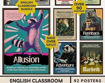 May include: A collection of 92 English classroom posters featuring funny animal illustrations. The posters cover literary terms like "Conflict," "Antagonist," and "Allusion." The bundle includes multiple sizes and is an instant digital download.