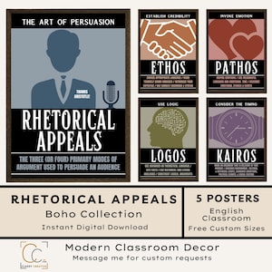 May include: A set of five educational posters on the topic of rhetorical appeals. The posters feature illustrations and text explaining Ethos, Pathos, Logos, and Kairos. The posters are designed in a boho style and are suitable for an English classroom.