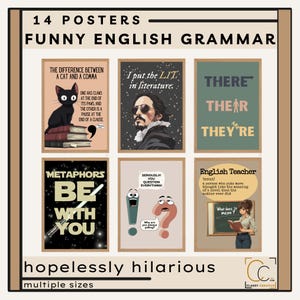 Divertidos juegos de palabras sobre gramática Pósteres para el aula de inglés Impresiones divertidas sobre puntuación Decoración de inglés para la escuela secundaria Pósteres para la clase de secundaria Inglés boho