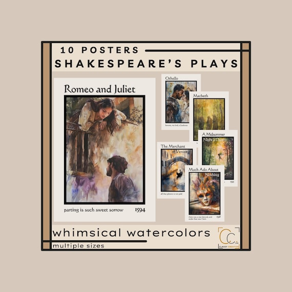 Shakespeare's Plays Posters Shakespeare Gallery Wall Art Famous Works of Shakespeare Romeo and Juliet Macbeth Hamlet Midsummer Night's Dream